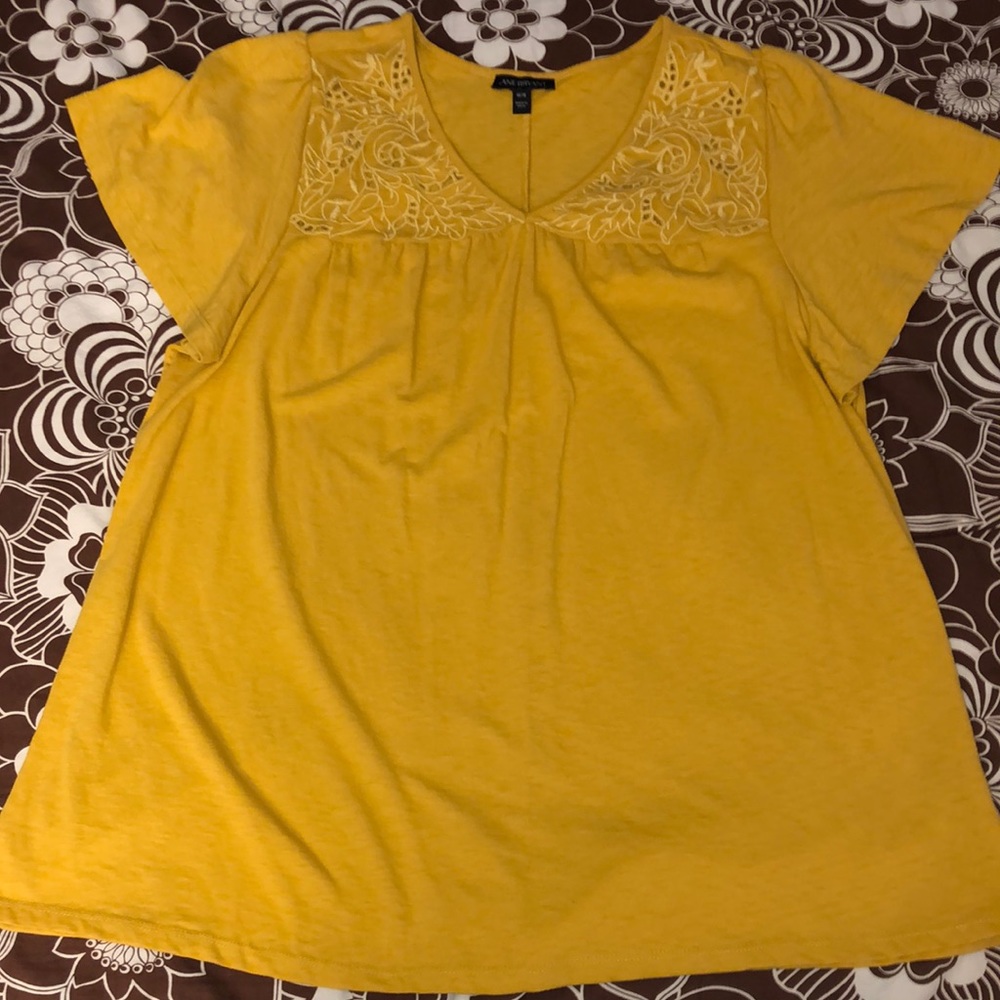 Lane Bryant mustard yellow flutter sleeve cut out top